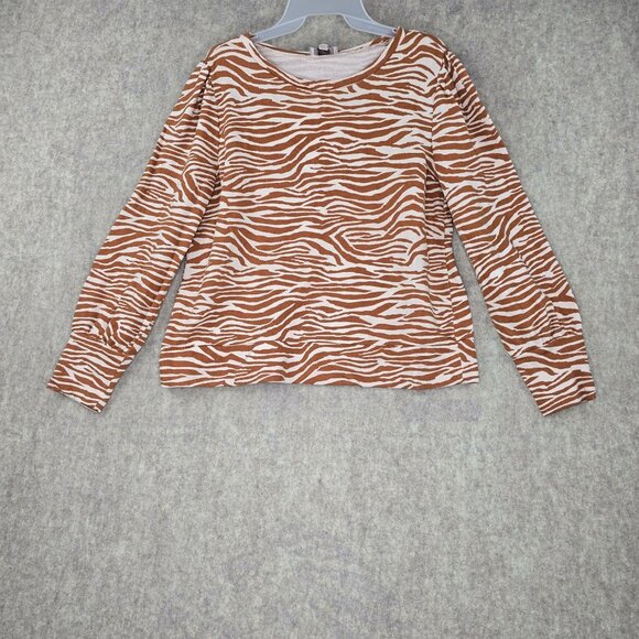 Loft Outlet Womens Long Sleeve Zebra Print Top Brown White Size L Cotton Blend - Picture 1 of 5